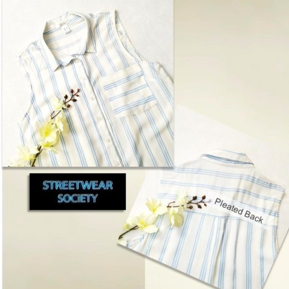 STREETWEAR SOCIETY Rayon Blouse Top White Blue Striped Sleeveless Button Front - Picture 6 of 11